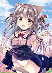 Rule 34 | 1girl, :d, absurdres, animal ear fluff, animal ears, black bow, black choker, black skirt, blue sky, blush, bow, breasts, brown eyes, brown hair, cat ears, cat girl, cat tail, center frills, choker, clothes lift, cloud, cloudy sky, collarbone, collared shirt, commentary request, cup, day, disposable cup, drinking straw, fang, fish hair ornament, frilled shirt collar, frilled sleeves, frills, hair between eyes, hair bow, hair ornament, heart, highres, holding, holding cup, lifted by self, long hair, long sleeves, looking at viewer, neko pan, open mouth, original, outdoors, panties, petals, pink shirt, puffy long sleeves, puffy sleeves, shirt, skirt, skirt lift, sky, sleeves past wrists, small breasts, smile, solo, suspender skirt, suspenders, tail, two side up, underwear, very long hair, white panties