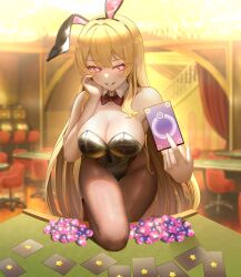 Rule 34 | 1girl, absurdres, animal ears, black leotard, blonde hair, bow, bowtie, breasts, card, character request, cleavage, collar, collarbone, detached collar, fake animal ears, hand on own cheek, hand on own face, highres, holding, holding card, large breasts, leotard, outerplane, pantyhose, pink eyes, playboy bunny, poker table, proxyl, rabbit ears, red bow, red bowtie, slot machine, solo, strapless, strapless leotard, table, white collar