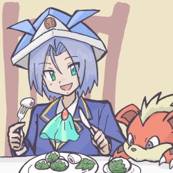 Rule 34 | 1boy, blue hair, creatures (company), food, fork, game freak, gardear058, gen 1 pokemon, green eyes, growlithe, holding, holding fork, holding knife, james (pokemon), knife, looking at viewer, male focus, nintendo, open mouth, plate, pokemon, pokemon (anime), pokemon (creature), smile