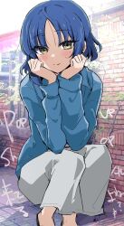 Rule 34 | 1girl, blue hair, blue shirt, blush, bocchi the rock!, closed mouth, hands on own cheeks, hands on own face, hands up, highres, knees up, looking at viewer, mole, mole under eye, outdoors, pants, shirt, short hair, smile, solo, squatting, wano (azayakam), white pants, yamada ryo, yellow eyes