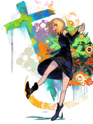Rule 34 | 1girl, abstract background, bad id, bad pixiv id, black dress, blonde hair, boots, brown eyes, cross, detached sleeves, dress, dripping, flower, highres, inverted cross, jewelry, kicking, ladic, leaf, legs, looking at viewer, looking back, necklace, original, short hair, sleeveless, sleeveless dress, smile, solo, texture, yellow eyes