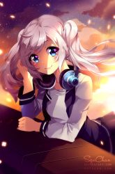 Rule 34 | 1girl, arm support, artist name, blue eyes, blush, character request, closed mouth, cloud, cloudy sky, eyebrows, green hair, hand to head, headphones, headphones around neck, heart, heart-shaped pupils, highres, jacket, lips, long hair, long sleeves, looking at viewer, pink lips, sidelocks, skirt, sky, smile, solo, squchan, star (sky), starry sky, sunset, symbol-shaped pupils, twintails, undershirt, watermark, web address