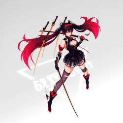 Rule 34 | 1girl, absurdres, black dress, black footwear, black gloves, boots, breasts, cleavage, colomar, dress, dual wielding, elbow gloves, full body, gloves, grey background, highres, holding, holding sword, holding weapon, katana, knee pads, long hair, looking at viewer, lucia: dawn (punishing: gray raven), lucia (punishing: gray raven), punishing: gray raven, red eyes, red hair, single knee pad, single thighhigh, sleeveless, sleeveless dress, solo, sword, thighhighs, torn clothes, torn thighhighs, twintails, weapon