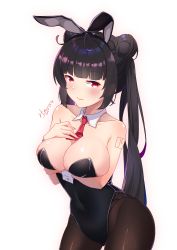 Rule 34 | 1girl, absurdres, ai ke le de xiao hong, animal ears, arm under breasts, black hair, black leotard, black pantyhose, blush, breasts, character request, closed mouth, copyright request, covered navel, detached collar, double bun, fake animal ears, fang, hair bun, hand on own chest, highres, large breasts, leotard, long hair, looking at viewer, mole, mole under eye, necktie, number tattoo, pantyhose, playboy bunny, rabbit ears, red eyes, red necktie, shoulder tattoo, skin fang, solo, tattoo, white background, wrist cuffs
