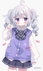 Rule 34 | 1girl, :o, ahoge, black bow, black skirt, blush, bow, candy, candy wrapper, cardigan vest, collared shirt, commentary request, cowboy shot, diagonal-striped bow, dress shirt, grey background, grey hair, hair ornament, hairclip, hand up, highres, long hair, long sleeves, looking at viewer, nakkar, original, parted lips, pleated skirt, puffy long sleeves, puffy sleeves, purple eyes, shirt, sidelocks, simple background, skirt, sleeves past wrists, solo, standing, twintails, twitter username, white shirt, wrapped candy, wrench, x hair ornament