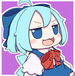 Rule 34 | 1girl, absurdres, ahoge, blue bow, blue dress, blush stickers, bow, cirno, dress, fairy, fumo (doll), hair bow, highres, ice, ice wings, kame (kamepan44231), open mouth, shirt, short sleeves, smile, solo, touhou, upper body, white shirt, wings