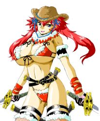 Rule 34 | 1girl, breasts, cowboy hat, hat, highres, kagura (oneechanbara), large breasts, oneechanbara, red hair, solo, white background