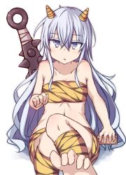 Rule 34 | 1girl, alternate costume, animal print, bad id, bad twitter id, bandeau, barefoot, blue eyes, club (weapon), commentary request, feet, feet out of frame, hibiki (kancolle), horns, kantai collection, loincloth, long hair, looking at viewer, oni, oni horns, shinopoko, silver hair, simple background, solo, spiked club, tiger print, toes, weapon, white background