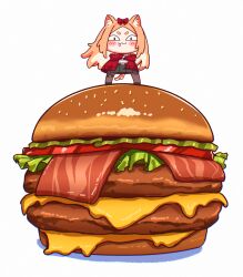 Rule 34 | 1girl, absurdres, animal ears, bacon, black pantyhose, black skirt, blush, bow, bread, burger, cheese, chibi, chibi only, crossed arms, food, food focus, grin, gudanco (nyanmeowzer), hair bow, highres, jacket, lettuce, looking at viewer, orange hair, original, pantyhose, red bow, red jacket, sesame seeds, shirt, simple background, skirt, smile, solo, thigh strap, tomato, white background, white shirt