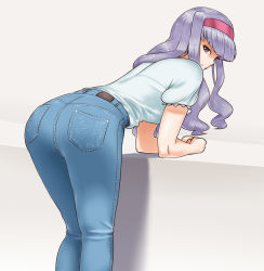 Rule 34 | 1girl, ass, bent over, blaccura, denim, female focus, grey hair, hairband, highres, idolmaster, idolmaster (classic), jeans, legs together, long hair, looking at viewer, looking back, pants, shijou takane, solo