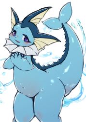 Rule 34 | 1girl, :3, absurdres, animal hands, artist name, averting eyes, blue eyes, blue skin, blush, bright pupils, cetacean tail, colored skin, creatures (company), dated, extra breasts, female focus, fins, fish tail, flat chest, furry, furry female, game freak, gen 1 pokemon, groin, hands up, happy, head fins, highres, ingi, interlocked fingers, looking to the side, navel, nintendo, nipples, nose blush, open mouth, own hands together, personification, pokemon, pokemon (creature), shiny skin, signature, smile, solo, standing, stomach, tail, thick thighs, thighs, vaporeon, water, white background, white pupils, wide hips