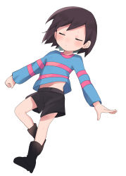 Rule 34 | 1girl, black shorts, blue sweater, brown hair, closed eyes, frisk (undertale), highres, leg up, long sleeves, navel, short hair, short shorts, shorts, simple background, striped clothes, striped sweater, sweater, undertale, white background, xox xxxxxx