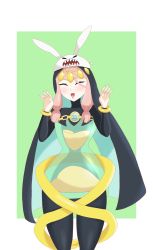 Rule 34 | 1girl, absurdres, aeon (skullgirls), animal ears, cowboy shot, closed eyes, hands up, hat, highres, hood, hourglass, open mouth, pink hair, rabbit ears, sagan (skullgirls), sand, shrug (clothing), skullgirls, smile, solo, tiara, twintails, white background