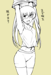 Rule 34 | 10s, 1girl, arms up, bad id, bad pixiv id, beige background, bike shorts, camisole, cowboy shot, eljimadooor, girls und panzer, glasses, long hair, looking at viewer, monochrome, navel, oono aya, open mouth, round eyewear, simple background, smile, solo, standing, translation request, twintails, underwear, undressing