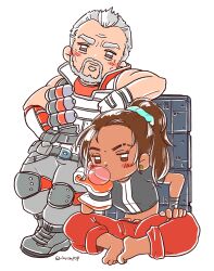 Rule 34 | animification, apex legends, arm wrap, armor, bandaged arm, bandages, barefoot, beard, blush stickers, brown eyes, brown hair, butterfly sitting, chewing gum, crop top, dark-skinned female, dark skin, earrings, eyebrow cut, facial hair, facial mark, forehead mark, gloves, hair ornament, hair scrunchie, head on hand, highres, jewelry, knee pads, kuben blisk, leaning on object, muni ni mu, mustache, nose piercing, old, old man, orange pants, pants, piercing, rampart (apex legends), scrunchie, side ponytail, single glove, sitting, white background