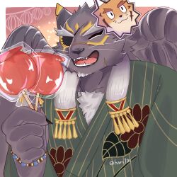 Rule 34 | black feathers, black fur, bracelet, candy apple, chest hair, claws, closed eyes, feathers, food, furry, furry male, harino (hari10o), highres, japanese clothes, jewelry, kimono, mask, mask on head, outside border, panther boy, scar, scar on face, scar on nose, smile, tezcatlipoca (housamo), thick eyebrows, tokyo houkago summoners, twitter username, wings, yukata