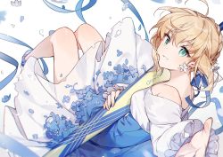 Rule 34 | 1girl, ahoge, alternate costume, artoria pendragon (fate), avalon (fate/stay night), bare shoulders, blue flower, blue ribbon, braid, earrings, fate/grand order, fate (series), flower, flower earrings, french braid, frilled sleeves, frills, green eyes, holding, holding sheath, jewelry, kamiowl, looking at viewer, outstretched hand, ribbon, saber (fate), sheath, smile, solo, white background, white flower