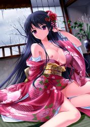 Rule 34 | 1girl, bad id, bad pixiv id, black hair, breasts, collarbone, covered erect nipples, female focus, fujino (yoshi9798174), hair between eyes, highres, japanese clothes, kimono, large breasts, long hair, nipples, no bra, open clothes, open shirt, original, purple eyes, shirt, solo