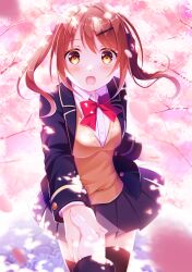 Rule 34 | 1girl, black jacket, black skirt, black thighhighs, bow, bowtie, breasts, brown eyes, brown hair, cherry blossom print, cherry blossoms, collared shirt, floral print, highres, jacket, long sleeves, looking at viewer, medium breasts, original, outdoors, pleated skirt, red bow, red bowtie, shirt, skirt, solo, thighhighs, two side up, vest, white shirt, yellow vest, yoimatsuri (ichimen no)
