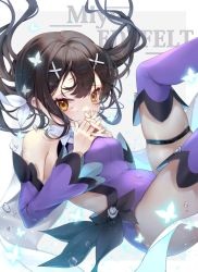 Rule 34 | 1girl, black hair, breasts, bubble, character name, covered navel, detached sleeves, fate/kaleid liner prisma illya, fate (series), fingers together, floating hair, hair ornament, highres, leotard, long hair, looking at viewer, miyu edelfelt, moriyama meiko, purple leotard, purple sleeves, purple thighhighs, ribbon, small breasts, solo, thighhighs, twintails, white ribbon, x hair ornament, yellow eyes
