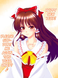 Rule 34 | 1girl, akeome, blush, bow, brown hair, detached sleeves, female focus, flat chest, gradient background, hair bow, hakurei reimu, hanazuka ryouji, happy new year, hard-translated, japanese clothes, kotoyoro, long hair, miko, new year, red eyes, smile, solo, third-party edit, touhou, translated, undefined fantastic object