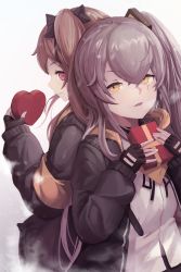 Rule 34 | 2girls, anizi, box, box of chocolates, brown hair, chocolate, commentary, fingerless gloves, gift, girls&#039; frontline, gloves, grey hair, heart, heart-shaped box, highres, hood, hooded jacket, jacket, long hair, long sleeves, looking at viewer, multiple girls, open clothes, open jacket, pink eyes, scar, scar across eye, scar on face, shirt, ump45 (girls&#039; frontline), ump9 (girls&#039; frontline), valentine, white shirt, yellow eyes