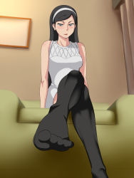 Rule 34 | 10s, 1girl, black hair, blue eyes, blush, breasts, couch, dress, feet, female focus, high tower, highres, indoors, kumashiro maya, crossed legs, long hair, no shoes, seikimatsu occult gakuin, sitting, smile, socks, solo, thighhighs, toe-point, toes