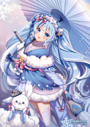 Rule 34 | 1girl, absurdres, artist name, blue bow, blue eyes, blue gloves, blue hair, blue headwear, blue kimono, blue umbrella, bow, cae yuki, character name, cropped legs, frilled hairband, frills, fur-trimmed skirt, fur-trimmed sleeves, fur scarf, fur trim, furisode, giant brush, gloves, hair bow, hairband, hat, hatsune miku, highres, holding, holding umbrella, japanese clothes, kimono, long hair, long sleeves, looking at viewer, mini hat, oil-paper umbrella, open mouth, paintbrush, pink bow, pink kimono, pink skirt, pink thighhighs, rabbit yukine, ringlets, skirt, smile, snowflakes, snowing, solo, thighhighs, twintails, umbrella, very long hair, vocaloid, yuki miku, yuki miku (2023), zettai ryouiki