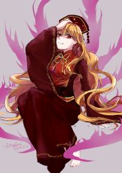 Rule 34 | 1girl, 2015, absurdly long hair, augetsix, bad id, bad pixiv id, barefoot, chinese clothes, dated, gradient background, hand on own head, hat, junko (touhou), legacy of lunatic kingdom, long hair, long sleeves, looking at viewer, red eyes, shaded face, sitting, smile, solo, touhou, twitter username, very long hair, wide sleeves