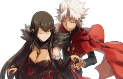 Rule 34 | 1boy, 1girl, amakusa shirou (fate), bare shoulders, black dress, black hair, breasts, bridal gauntlets, cape, cleavage, closed eyes, commentary request, dark-skinned male, dark skin, detached sleeves, dress, fate/apocrypha, fate/grand order, fate (series), fur trim, large breasts, long hair, long sleeves, menma222, one eye closed, pointy ears, semiramis (fate), smile, very long hair, white hair, yellow eyes
