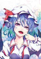 Rule 34 | 1girl, abstract background, absurdres, bat wings, blue hair, bow, breasts, collarbone, commentary request, dress, eyeshadow, fangs, hair between eyes, hat, hat bow, head tilt, highres, looking at viewer, makeup, medium breasts, mob cap, mouth pull, pointy ears, puffy short sleeves, puffy sleeves, red bow, red eyes, red eyeshadow, remilia scarlet, short hair, short sleeves, solo, teeth, touhou, upper body, white dress, white hat, wing collar, wings, wrist cuffs, yamanakaume