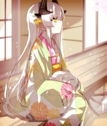 Rule 34 | 1girl, animal, animal on lap, cat, closed mouth, day, fate/grand order, fate (series), floral print, from side, green kimono, hiiragi fuyuki, horns, japanese clothes, kimono, kiyohime (fate), long hair, long sleeves, on floor, on lap, outdoors, petals, profile, silver hair, sitting, sleeves past wrists, sliding doors, smile, solo, tatami, veranda, very long hair, white cat, wide sleeves, wooden floor, yellow eyes