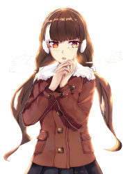 Rule 34 | 1girl, alternate hairstyle, artist name, black hair, blush, coat, commentary request, cowboy shot, earmuffs, fur-trimmed coat, fur trim, girls&#039; frontline, hair ornament, hands on own face, heterochromia, highres, long sleeves, looking away, mou zhi pingguo, multicolored hair, open mouth, orange eyes, own hands together, pleated skirt, pov, red coat, ro635 (girls&#039; frontline), scrunchie, signature, simple background, skirt, solo, streaked hair, teeth, twintails, white background, white hair, yellow eyes