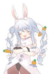 Rule 34 | 1girl, :d, animal ear fluff, animal ears, bare shoulders, black gloves, black leotard, blue hair, blush, bow, braid, carrot hair ornament, closed eyes, cowboy shot, crossed arms, detached sleeves, food-themed hair ornament, fur collar, gloves, hair bow, hair ornament, highres, hololive, leotard, long hair, maitou, multicolored hair, open mouth, pantyhose, puffy detached sleeves, puffy sleeves, rabbit ears, rabbit girl, simple background, smile, smug, solo, teeth, thick eyebrows, twin braids, two-tone hair, upper teeth only, usada pekora, usada pekora (1st costume), virtual youtuber, white background, white bow, white hair