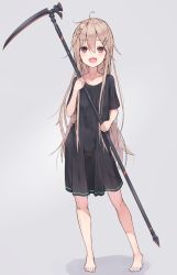 Rule 34 | 1girl, :d, ahoge, barefoot, black shirt, blush, collarbone, commentary request, fang, grey background, hachita (odangoya), hair between eyes, hair ornament, hairclip, highres, holding, light brown hair, long hair, looking at viewer, open mouth, original, oversized clothes, oversized shirt, red eyes, revision, scythe, shirt, short sleeves, smile, solo, standing, very long hair, x hair ornament