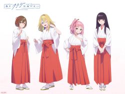 4girls arched_bangs blonde_hair blue_eyes blush bow brown_eyes brown_hair clenched_teeth closed_mouth commentary_request copyright_notice green_eyes green_hair hair_between_eyes hair_ribbon hakama hakama_skirt hand_on_own_hip highres index_finger_raised japanese_clothes kimono kouzuki_mahiru long_hair miko multicolored_hair multiple_girls official_art one_eye_closed one_side_up open_mouth own_hands_together pink_hair pleated_skirt pointing pointing_at_self purple_eyes purple_hair red_bow red_ribbon red_skirt ribbon roots_(hair) sandals short_hair skirt socks streaked_hair takanashi_kim_anouk_mei teeth watase_kiui white_kimono white_socks yamanouchi_kano yoru_no_kurage_wa_oyogenai zouri