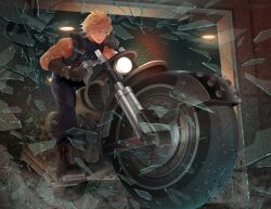 Rule 34 | 1boy, armor, blonde hair, blue eyes, blue pants, blue sweater, boots, broken glass, broken window, brown gloves, cloud strife, commentary request, final fantasy, final fantasy vii, full body, glass, glass shards, gloves, male focus, motor vehicle, motorcycle, pants, parted lips, riding, shillo, short hair, shoulder armor, single bare shoulder, sleeveless, sleeveless turtleneck, solo, spiked hair, suspenders, sweater, turtleneck, turtleneck sweater