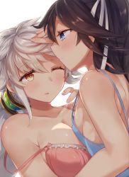 Rule 34 | 10s, 2girls, alternate costume, arm at side, asymmetrical hair, bad id, bad pixiv id, black hair, blue eyes, blush, braid, breasts, collarbone, commentary, crop top, eyebrows, hair ornament, hair ribbon, hand on forehead, jitome, kantai collection, katsuragi (kancolle), large breasts, light smile, long hair, looking at another, multiple girls, one eye closed, out of frame, pokoten (pokoten718), ponytail, ribbon, sideboob, silver hair, single braid, small breasts, strap slip, tareme, underwear, unryuu (kancolle), upper body, very long hair, white ribbon