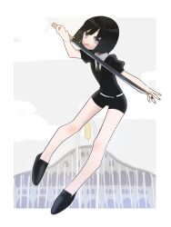 Rule 34 | 1other, :q, arms up, bare legs, black hair, black nails, black necktie, black shirt, black shorts, bob cut, building, cloud, commentary request, full body, grey eyes, highres, holding, holding sword, holding weapon, houseki no kuni, light particles, looking at viewer, nail polish, necktie, obsidian (houseki no kuni), outdoors, pigeon-toed, pudding modoki, puffy short sleeves, puffy sleeves, shirt, short hair, short sleeves, shorts, solo, sword, tongue, tongue out, weapon, wing collar