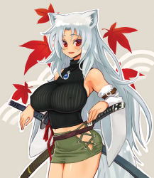 Rule 34 | 1girl, animal ears, autumn leaves, breasts, covered erect nipples, cowboy shot, detached sleeves, highres, hip vent, huge breasts, long hair, looking at viewer, midriff peek, open mouth, outline, pencil skirt, red eyes, ryoji (nomura ryouji), see-through, sheath, sheathed, skirt, sleeveless, sleeveless sweater, solo, sweater, sword, tail, weapon