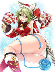 Rule 34 | 10s, 1girl, alternate hair color, animal ears, ass, blush, breasts, christmas, claw (weapon), claws, collar, ears through headwear, erune, fangs, gloves, granblue fantasy, green hair, hinata sora, looking at viewer, open mouth, panties, sen (granblue fantasy), simple background, skirt, smile, solo, trefoil, underwear, weapon, white panties, yarn, yarn ball