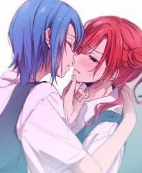 Rule 34 | 2girls, blue eyes, blue hair, blush, closed eyes, collared shirt, color dolce, commentary, dress, earrings, facing another, furrowed brow, grey dress, hand on another&#039;s back, hand on another&#039;s chin, hashtag only commentary, highres, imminent kiss, jewelry, looking at another, love live!, love live! superstar!!, medium hair, multiple girls, noses touching, parted lips, red hair, school uniform, shirt, short hair, short sleeves, sidelocks, summer uniform, sweat, upper body, wakana shiki, white shirt, yoneme mei, yuigaoka school uniform, yuri