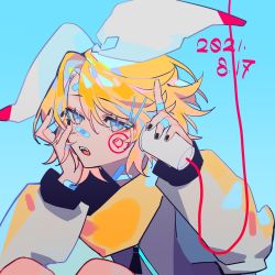 Rule 34 | 1girl, absurdres, bandaid, bandaid on face, bandaid on hand, bandaid on neck, bandaid on nose, bandaid on wrist, blonde hair, blue background, blue eyes, cup, hand on own cheek, hand on own face, highres, holding, holding cup, kagamine rin, kazui (siaoruikazui), long sleeves, short hair, simple background, sitting, solo, string phone, vocaloid