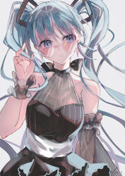 Rule 34 | 1girl, alternate costume, aqua hair, black dress, blue eyes, breasts, cleavage, commentary, detached sleeves, dress, eyelashes, glasses, hatsune miku, highres, looking at viewer, medium breasts, see-through, see-through cleavage, serious, simple background, single detached sleeve, single wrist cuff, sleeveless, sleeveless dress, solo, twintails, upper body, venn (vebonbon), vocaloid, wavy hair, white background, wrist cuffs