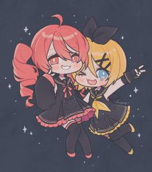 Rule 34 | 2girls, :d, ahoge, alternate costume, bare shoulders, black background, black dress, blonde hair, blue eyes, blush, bow, chibi, detached sleeves, dress, drill hair, fang, full body, gloves, grin, hair bow, hair ornament, hairclip, hn (artist), kagamine rin, kasane teto, long hair, looking at viewer, matching outfits, multiple girls, one eye closed, open mouth, red eyes, red hair, signature, skin fang, smile, star (symbol), twin drills, utau, v, vocaloid