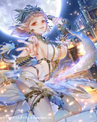 Rule 34 | 1girl, armlet, armpits, bad id, bad pixiv id, bracer, breasts, building, cleavage, dancer, earrings, egyptian, egyptian clothes, esha, female focus, full moon, hat, highres, jewelry, large breasts, looking at viewer, moon, nail polish, night, official art, orange eyes, original, revealing clothes, sarong, short hair, sideboob, silver hair, sky, smile, solo, star (sky), starry sky, sword, tenkuu no crystalia, weapon
