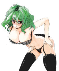 Rule 34 | 1girl, bad id, bad pixiv id, bent over, black panties, black thighhighs, blush, breasts, cleavage, female focus, green hair, highres, kazami yuuka, lace, large breasts, lingerie, midriff, navel, panties, red eyes, short hair, smile, solo, thighhighs, toono yayoi, touhou, underwear