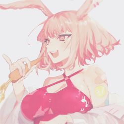 Rule 34 | 1girl, animal ears, bad id, bad pixiv id, bandaid, bandaid on shoulder, bare shoulders, bikini, breasts, carrot, cleavage, commentary request, ear piercing, grey background, hand up, highres, holding, holding carrot, jacket, large breasts, mole, mole under eye, o-ring, o-ring top, off shoulder, open mouth, original, piercing, pink bikini, pink eyes, pink hair, pinky out, rabbit ears, shachi (d09 0rca), short hair, simple background, smile, smiley face, swimsuit, teeth, upper body, upper teeth only, white jacket