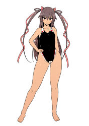 Rule 34 | 1girl, black one-piece swimsuit, cleft of venus, closed mouth, clothing cutout, collarbone, competition swimsuit, female focus, full body, hair ornament, hand on own hip, highres, long hair, looking at viewer, lovelovemaid, mizuki yukikaze, one-piece swimsuit, purple eyes, purple hair, pussy, simple background, smile, solo, standing, swimsuit, taimanin (series), taimanin yukikaze, tan, tanline, toes, twintails, white background