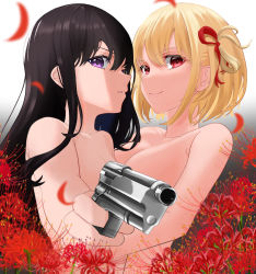 Rule 34 | 2girls, absurdres, beretta 92, black hair, blonde hair, botan0912, breasts, closed mouth, completely nude, falling petals, finger on trigger, flower, gun, hair ribbon, handgun, highres, holding, holding gun, holding weapon, inoue takina, long hair, looking at viewer, lycoris recoil, medium breasts, multiple girls, nishikigi chisato, nude, one side up, parted lips, petals, purple eyes, red eyes, red flower, red ribbon, ribbon, short hair, small breasts, smile, spider lily, upper body, weapon, yuri